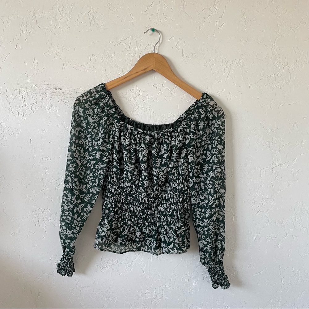 Georgette Square-Neck Smock-Waist Top in Forest Leaves